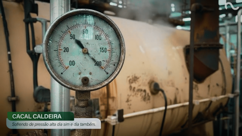 Campanha envelhecimento precoce mostra parque indistrial envelhecido com manômetro analógico em uma caldeira industrial.