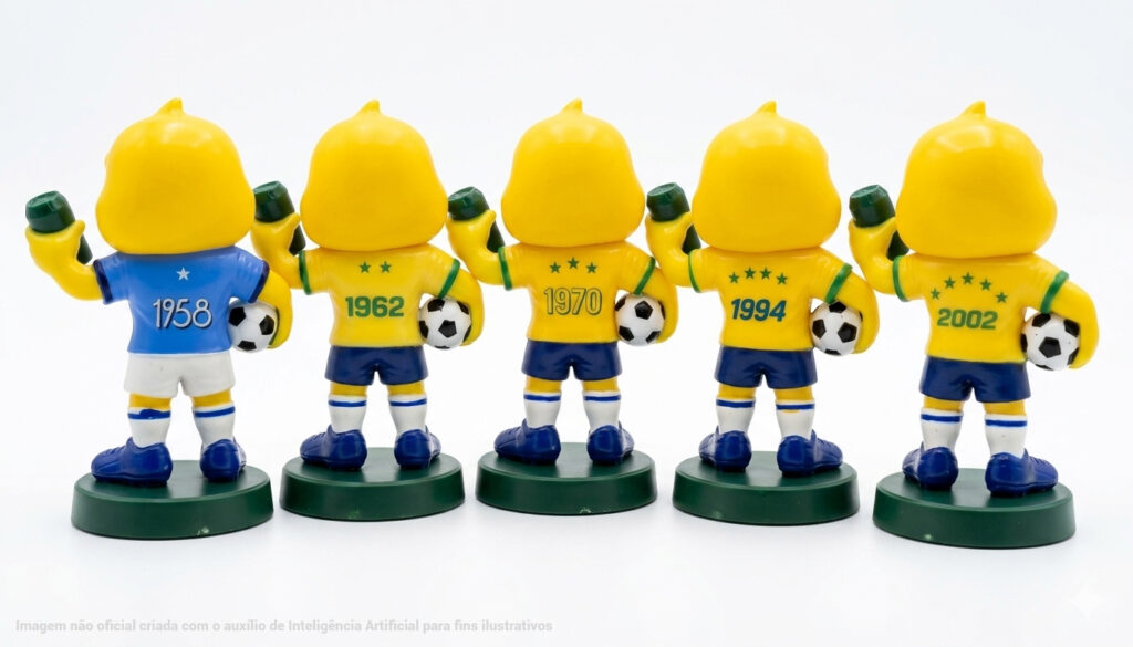 Fila de miniaturas dos canarinhos-guaraná da Antarctica, com anos 1958, 1962, 1970, 1994 e 2002 e bolas de futebol ao redor.