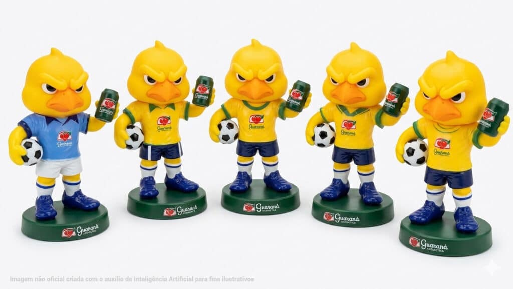 Coleção de canarinhos em miniatura de pelúcia da Guaraná Antarctica, em poses frontais, com chuteiras e bola
