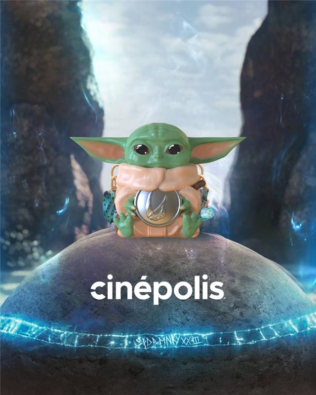 Balde colecionável do Grogu do filme O Mandaloriano e Grogu, com logo da Cinépolis