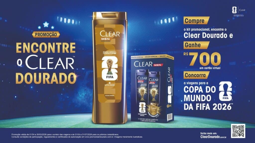 Banner promocional Clear Men com embalagem dourada e chamada para encontrar o Clear Dourado, com prêmio de viagem para a Copa do Mundo FIFA 2026.