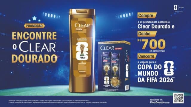 Banner promocional Clear Men com embalagem dourada e chamada para encontrar o Clear Dourado, com prêmio de viagem para a Copa do Mundo FIFA 2026.