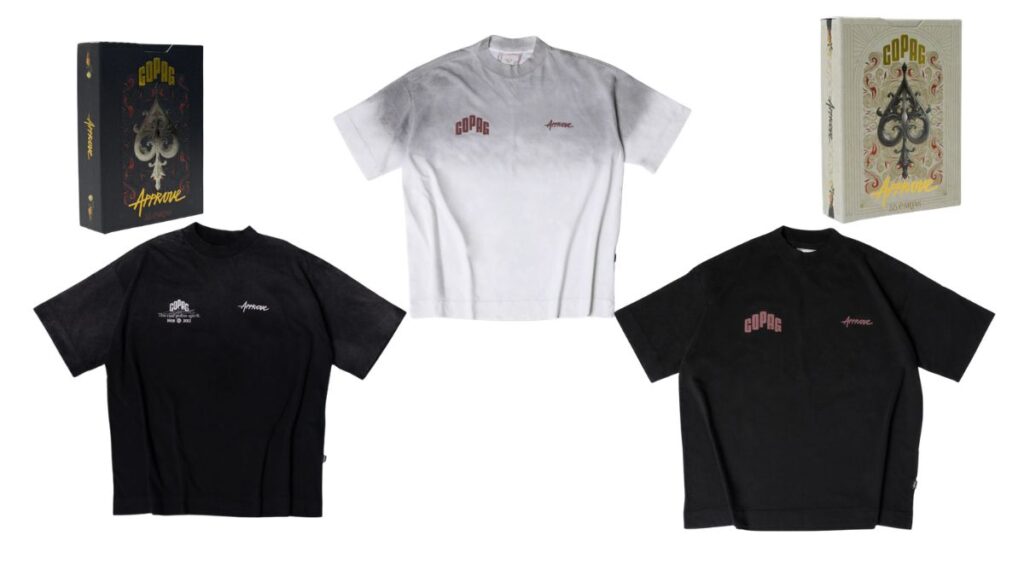 Coleção de streetwear com camisetas preta e branca e caixas de baralho, colaboração COPAG e Approve, tema poker.