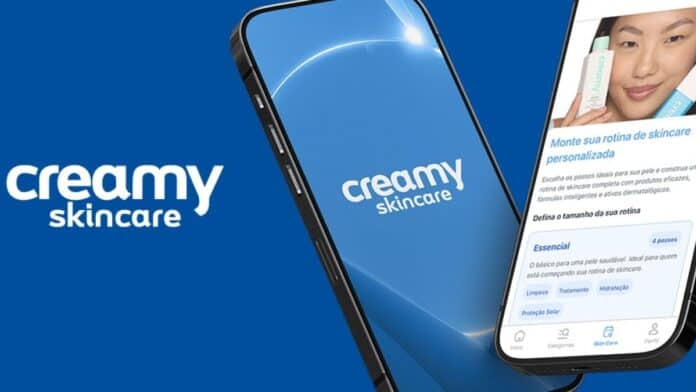 Imagem do aplicativo Creamy Skincare em celulares, com tela de montagem de rotina personalizada de cuidados com a pele.