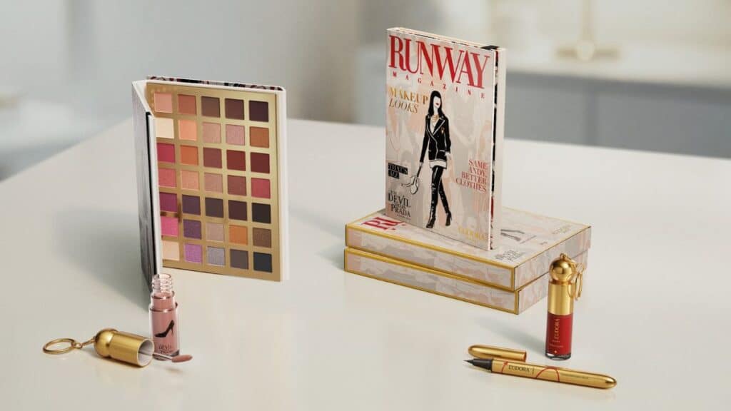 Conjunto de maquiagem inspirado em O Diabo Veste Prada: paleta de sombras, batom líquido e produtos em embalagem Runway.