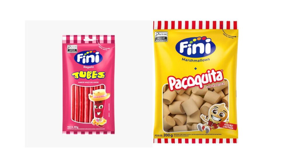 Embalagens da Fini: Tubes maçã do amor e Marshmallow Paçoquita.