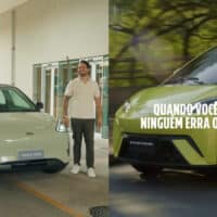 BYD e Geely em propaganda com carros: mulher e homem ao lado de um veículo e imagem de um carro com texto “QUANDO VOCÊ É LÍDER...”