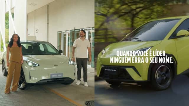 BYD e Geely em propaganda com carros: mulher e homem ao lado de um veículo e imagem de um carro com texto “QUANDO VOCÊ É LÍDER...”