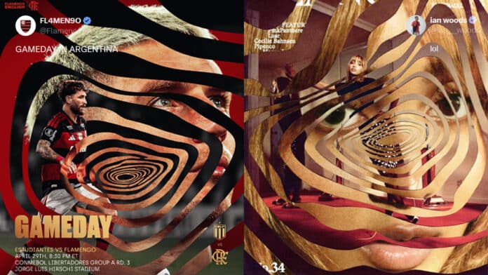 Arte do Flamengo para o gameday da Libertadores na Argentina, com espirais e jogador em destaque.