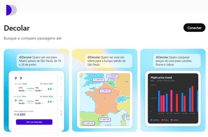 Tela do aplicativo Decolar no ChatGPT com opções de voos e destinos, incluindo mapa e gráfico de preço de viagem.
