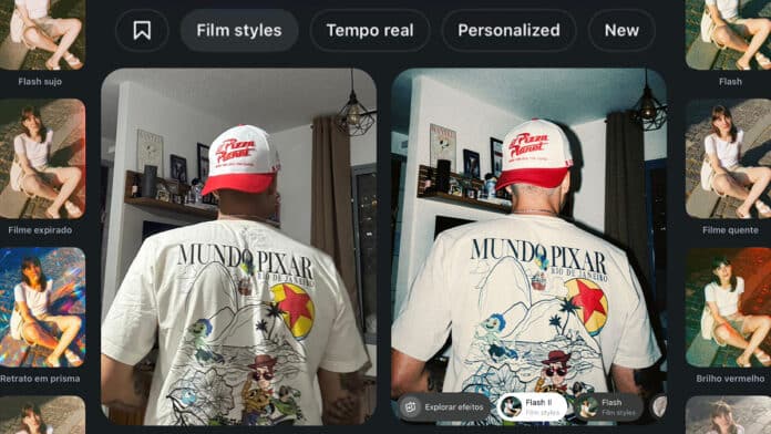 Tela do Instagram com filtros Film Styles e opções como Tempo real, Personalized e New para recriar fotos em estilos vintage