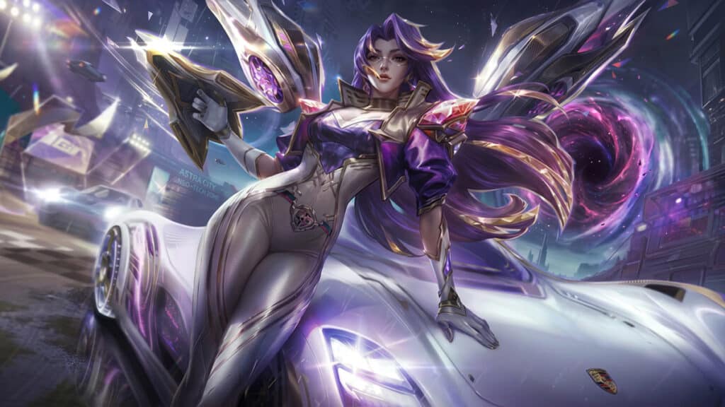 League of Legends: Wild Rift e Porsche — skin com carro estilo 911 GT3 Arte de League of Legends: Wild Rift com personagem futurista roxa ao lado de um carro estilo Porsche, em clima de corrida