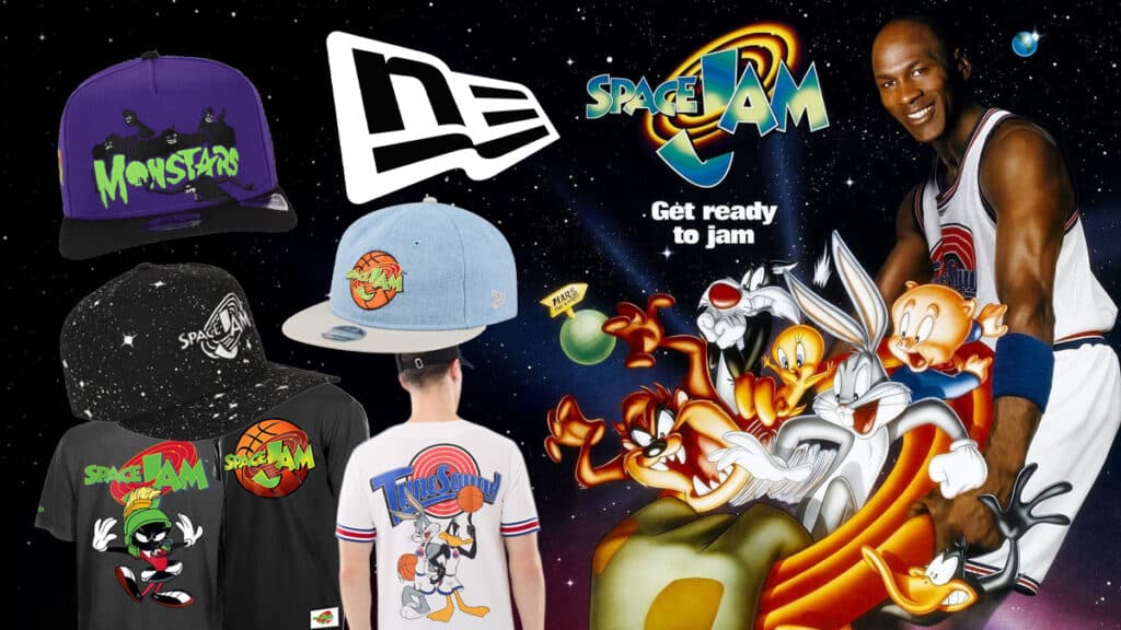Coleção New Era Space Jam (30 anos) com bonés e camisetas Anúncio da coleção New Era Space Jam com bonés e camisetas, celebrando os 30 anos do filme.
