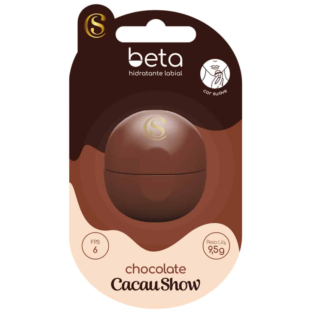 Embalagem de protetor labial em um recipiente redondo marrom com a inscrição 'chocolate CacauShow' e proteção solar FPS 6.