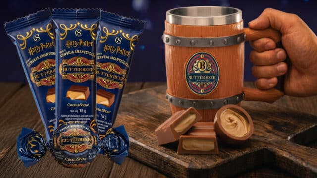 Embalagens e uma caneca de madeira com cerveja Butterbeer (Cacau Show) inspirada em Harry Potter, sobre mesa