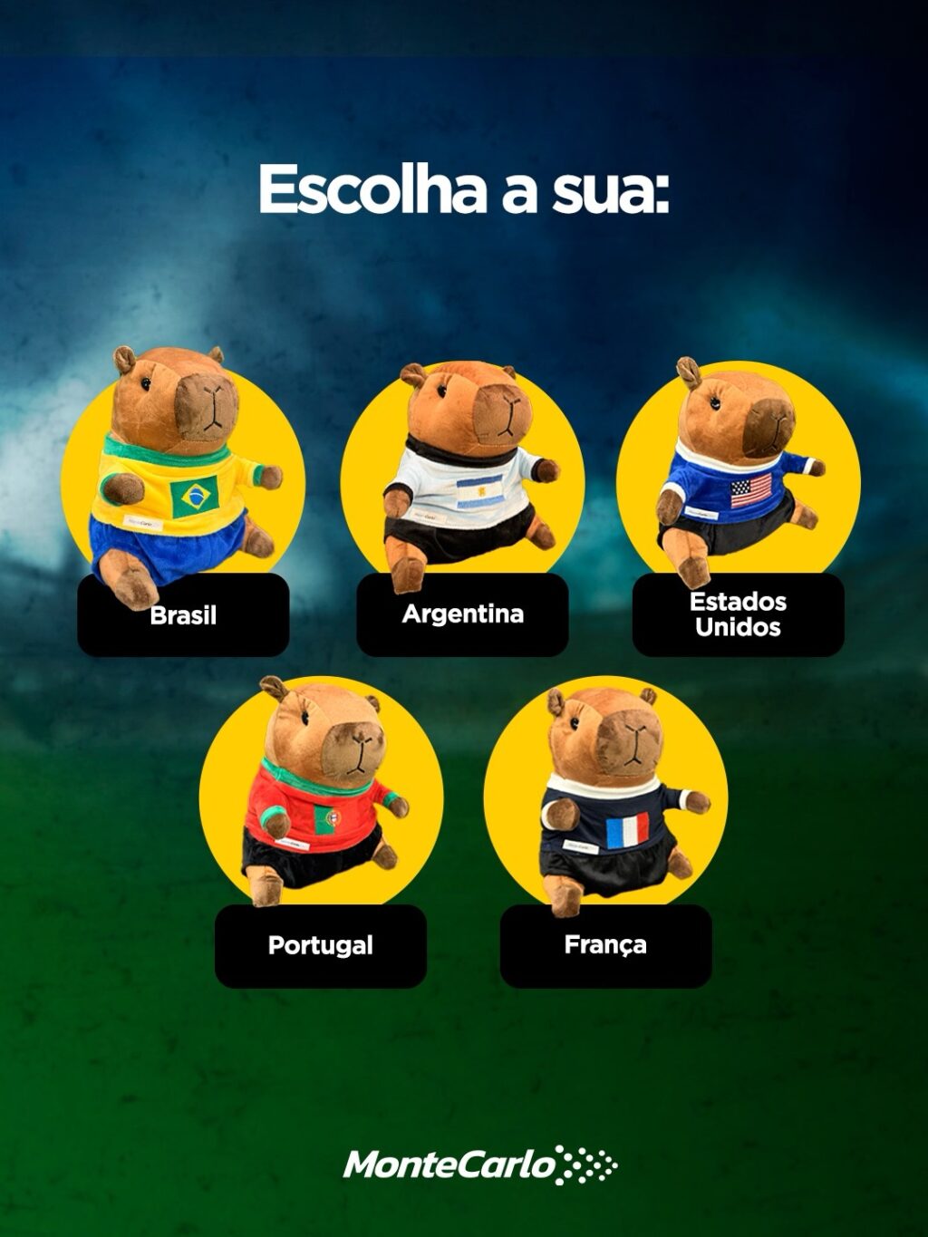 Cartaz promocional Capivaras da Copa MonteCarlo com capivaras vestidas para Brasil, Argentina, Estados Unidos, Portugal e França.