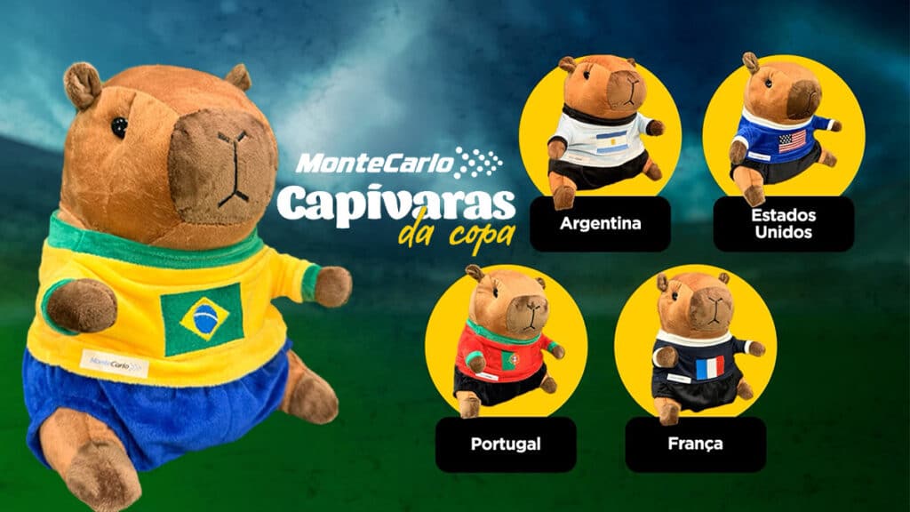 MonteCarlo Capivaras da Copa: pelúcias Brasil e países Pelúcia capivara com uniforme do Brasil e cards de Argentina, Estados Unidos, Portugal e França da coleção MonteCarlo Capivaras da Copa.