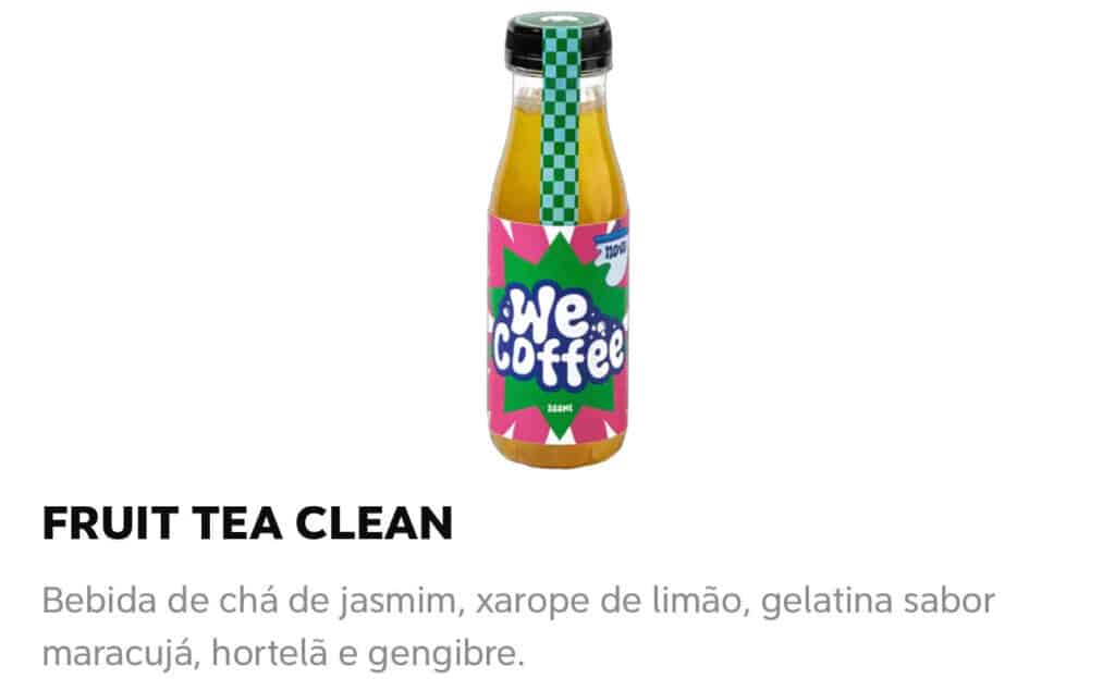 Chá de Frutas Clean: Uma bebida refrescante feita com chá de jasmim, xarope de limão, gelatina de maracujá, hortelã e gengibre.