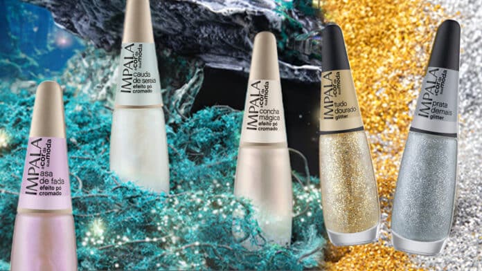 Esmaltes cromados Impala em tons prateado, dourado e cobre, com efeito pó cromado, sobre fundo texturizado colorido.