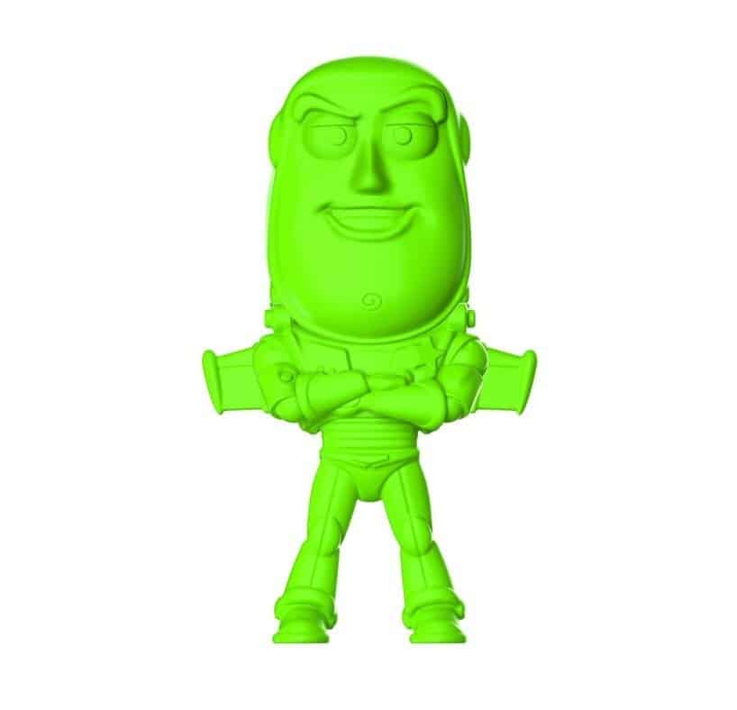 Brinquedo do personagem Buzz Lightyear em cores verdes, estilo Toy Story, usado como brinde em caixas de cereal