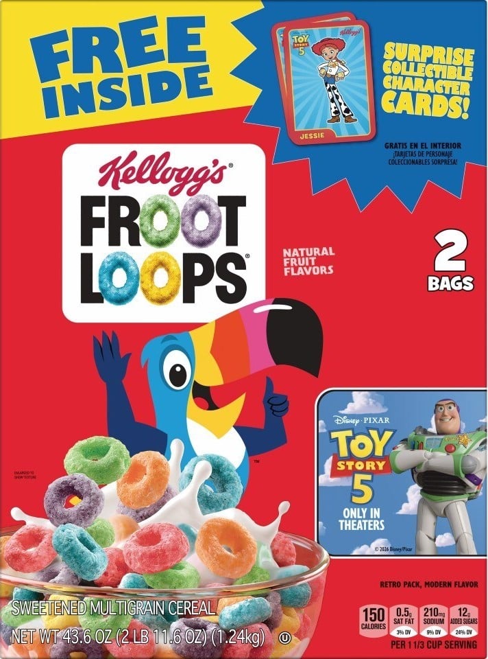 Cereal Kellogg’s Froot Loops com brindes gratuitos do Toy Story 5 e cartão surpresa na embalagem.
