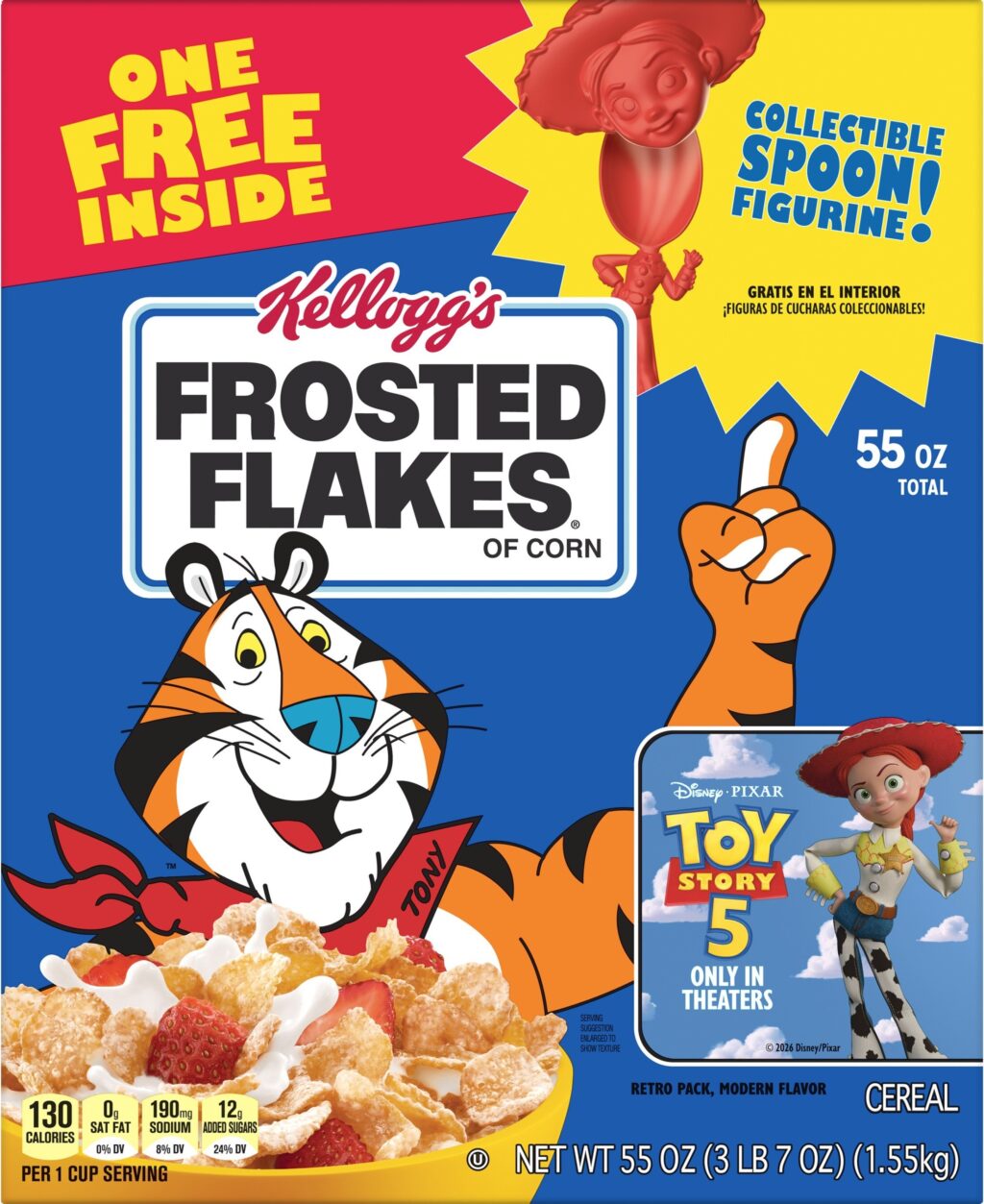 Embalagem de cereal Kellogg’s Frosted Flakes com tema Toy Story, incluindo colher colecionável e brinquedo no interior.