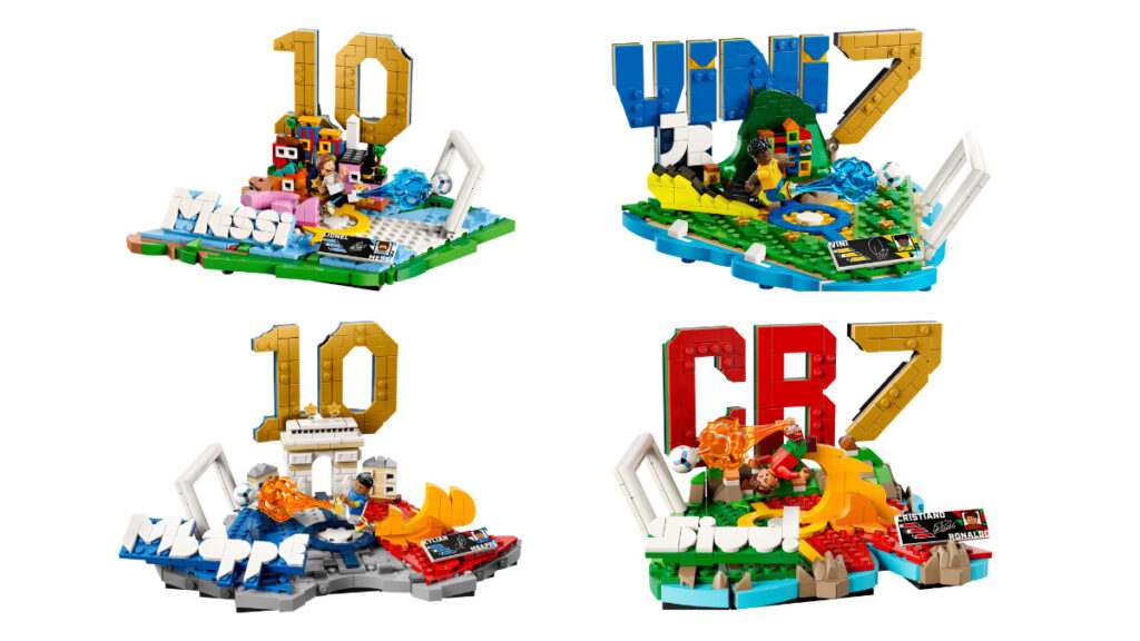 Uma coleção de quatro dioramas LEGO que homenageiam jogadores de futebol famosos, apresentando seus nomes e números, incluindo Messi, Mbappé e Cristiano Ronaldo, juntamente com cenas vibrantes que representam suas conquistas.