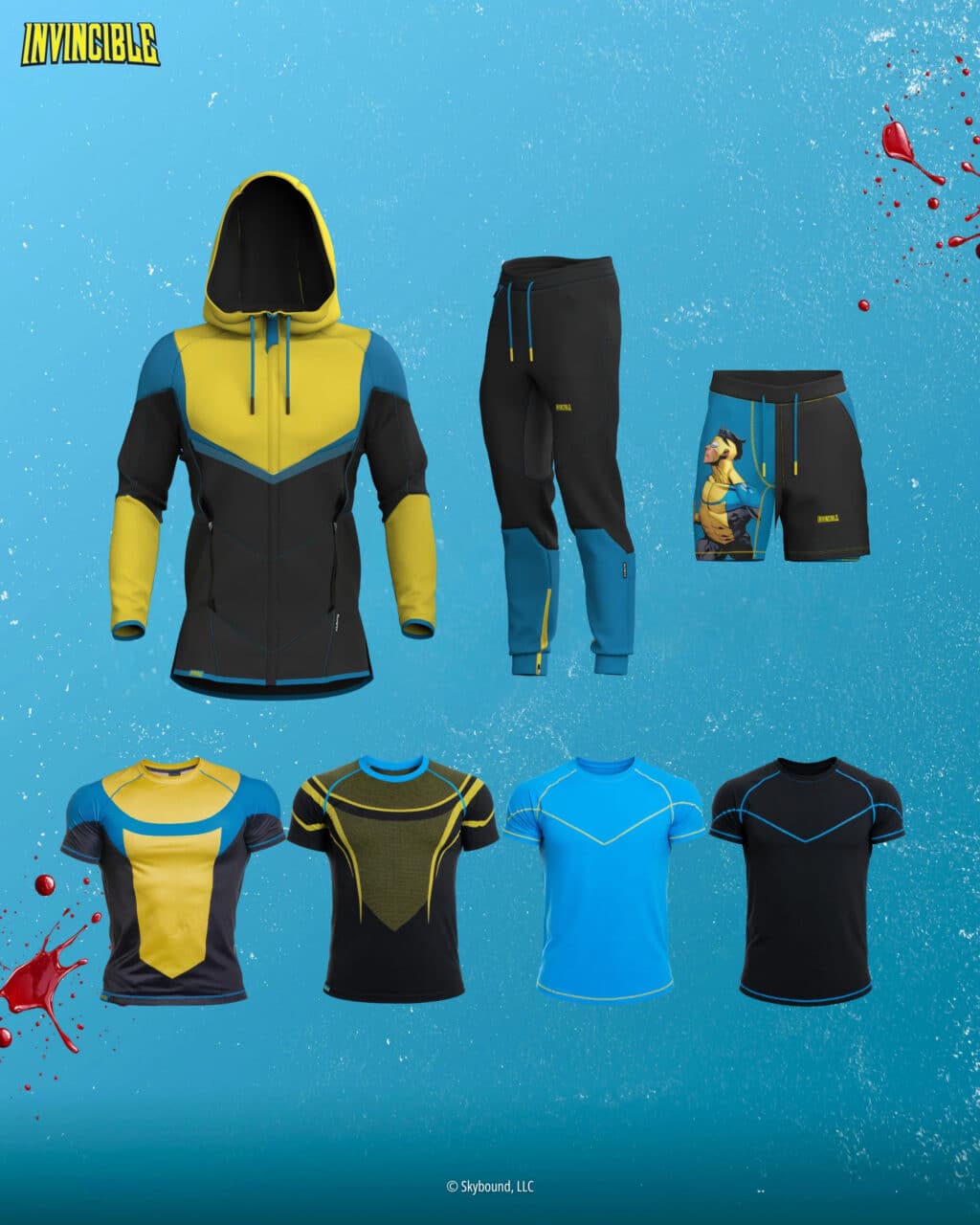 Coleção Invincible da SuperX com jaqueta, calça, shorts e camisetas de treino licenciadas, em fundo azul