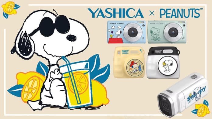Banner com câmeras Yashica e Snoopy da coleção Peanuts, com ilustrações do Snoopy e fundo bege