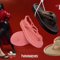 Campanha Havaianas Puffed em parceria com O Diabo Veste Prada 2, com havaianas rosa, preta e bege e modelos em fundo vermelho.