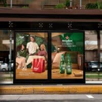 Painel publicitário Heineken em ponto de ônibus mostrando pessoas socializando e garrafas da marca
