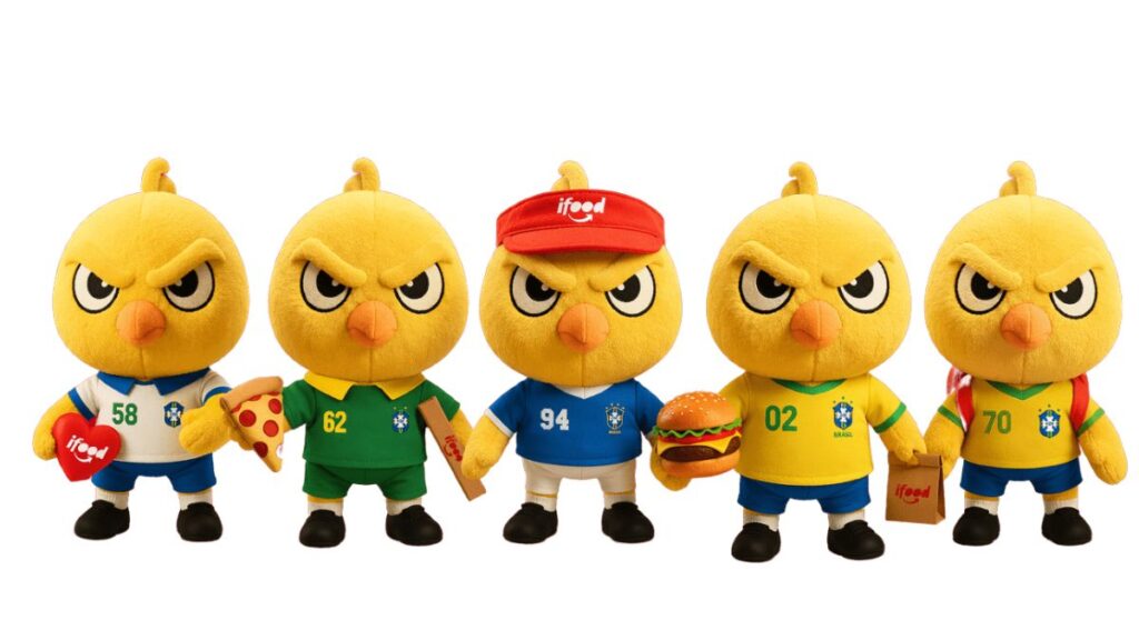 Cinco bonecos de pelúcia Canarinhos do iFood em roupas de Copa do Mundo 2026 com numeração e chapéu vermelho.