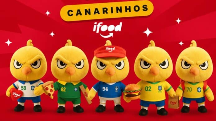 Bonecos Canarinhos colecionáveis do iFood, com personagens em destaque, tema Copa do Mundo 2026