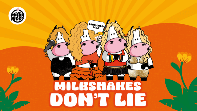 Ilustração Milk Moo com vacas cantoras e o texto “MILKSHAKES DON’T LIE” em fundo amarelo, para o show da Shakira no Rio.