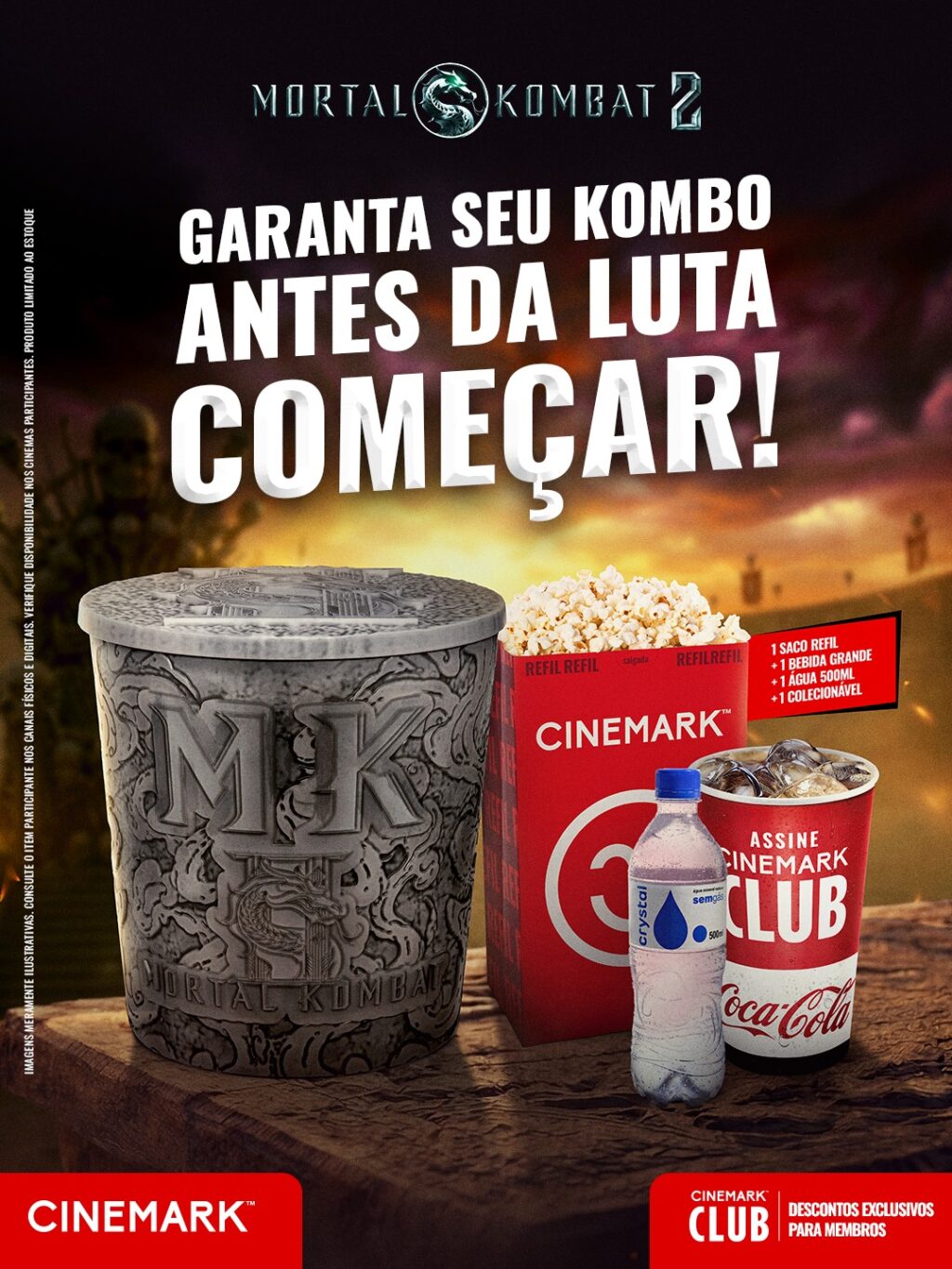 Balde colecionável de Mortal Kombat 2 da Cinemark com caixa de pipoca e garrafa ao fundo, em anúncio promocional.