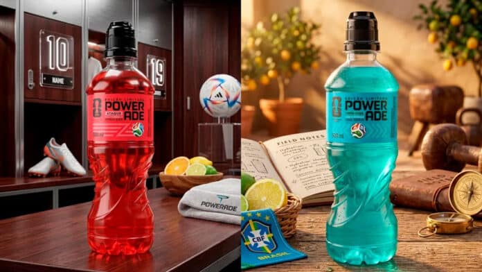 Garrafa Powerade Ataque vermelha e garrafa Powerade Contra-ataque azul em mesa, com bola, limões e taça ao fundo.