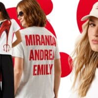Collage com modelos usando camiseta e boné inspirados em O Diabo Veste Prada, com fundo vermelho e branco