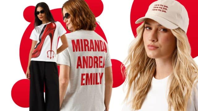 Collage com modelos usando camiseta e boné inspirados em O Diabo Veste Prada, com fundo vermelho e branco