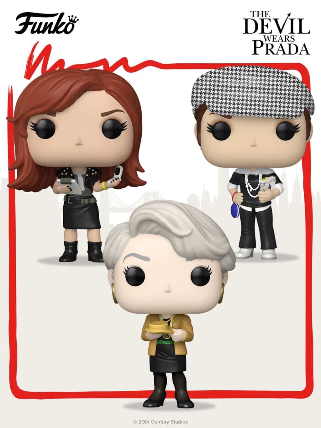 Funko Pop de O Diabo Veste Prada, com três bonecos colecionáveis: personagem de cabelo ruivo, chapéu xadrez e idosa de cabelo grisalho.