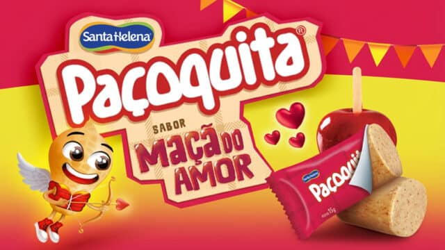 Imagem da Paçoquita Maçã do Amor com embalagem e ilustração em fundo festivo de São João.