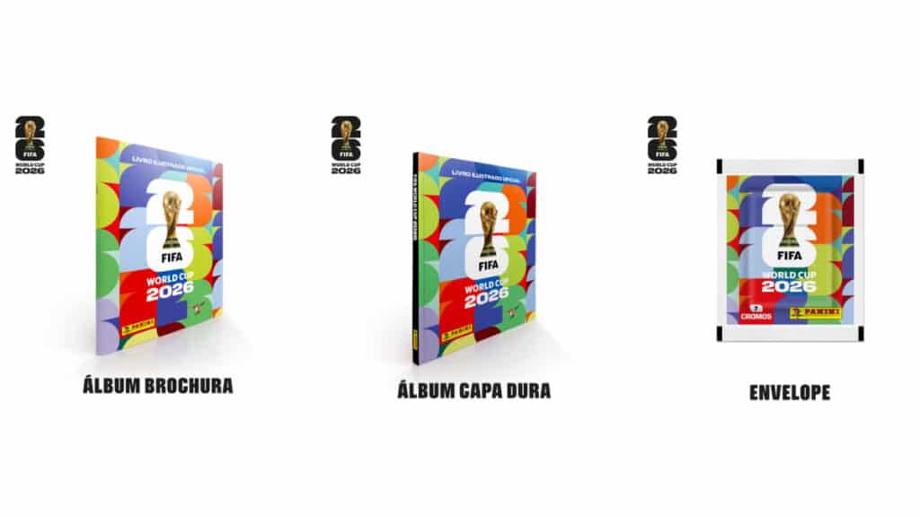 Álbum da Copa do Mundo FIFA 2026 com design colorido e troféus.
