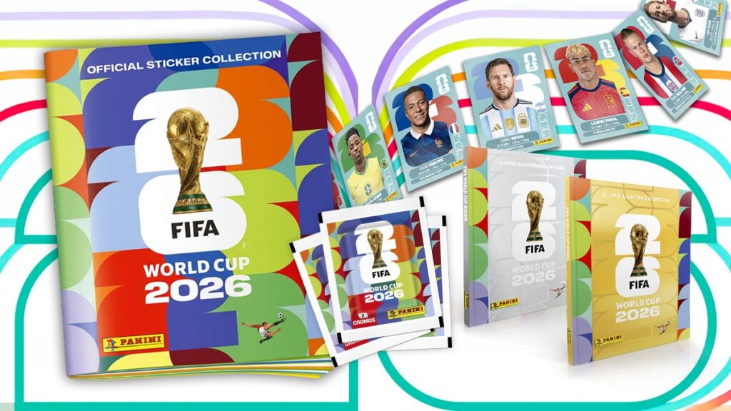 Coleção oficial de figurinhas da FIFA World Cup 2026, com álbum, cards e pacotes em destaque.
