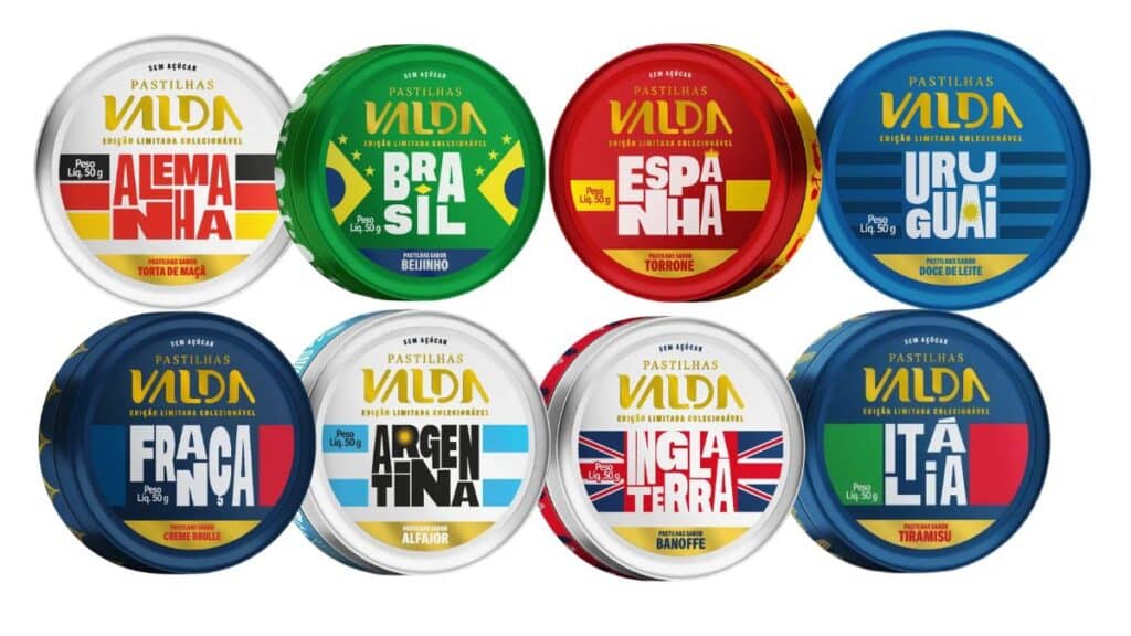Latas colecionáveis Pastilhas Valda “Campeões” com seleções da Copa do Mundo, incluindo Alemanha, Brasil, Espanha e França.