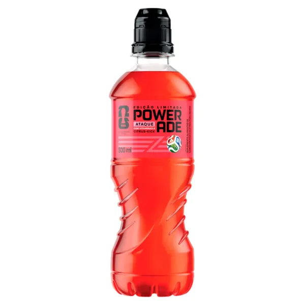 Garrafa de Powerade Ataque 500 ml, edição limitada, na cor vermelha.