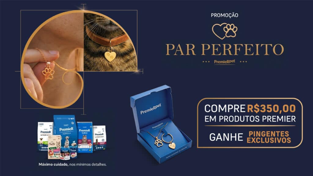 Imagem promocional Par Perfeito da PremieRpet com compra a partir de R$350 e pingentes exclusivos para tutores e pets.