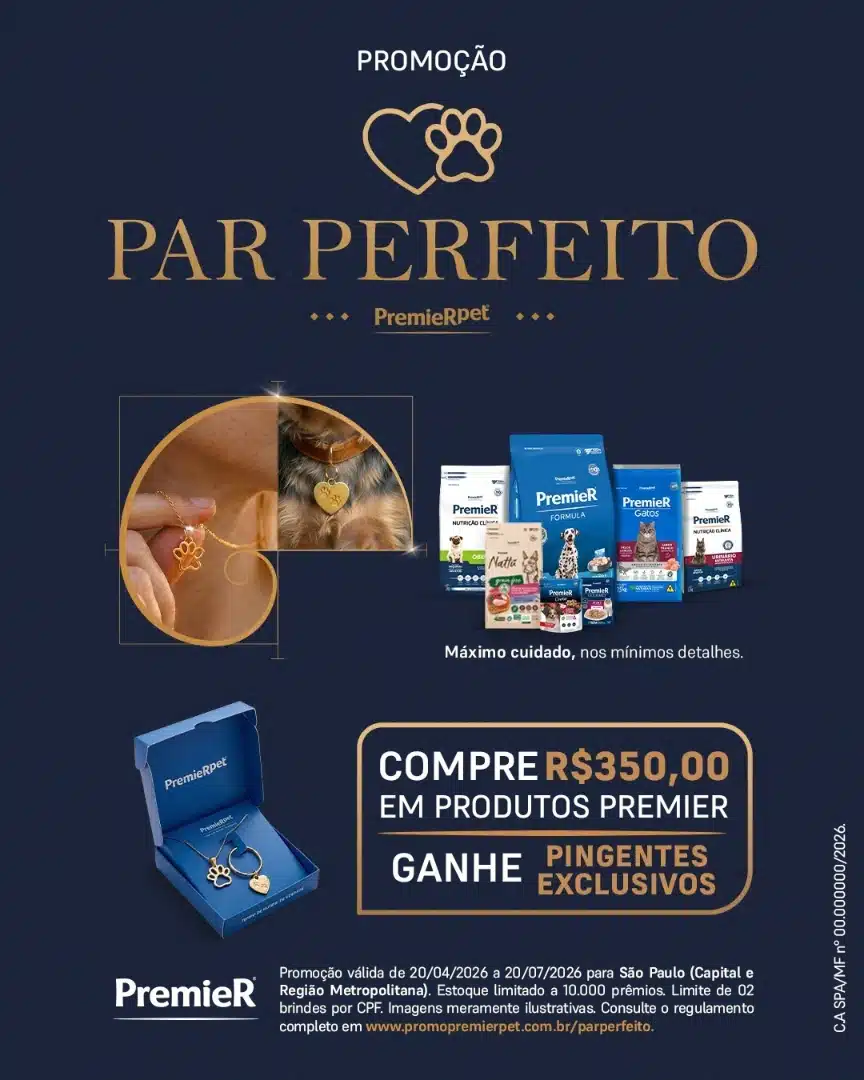 Arte da promoção Par Perfeito da Premierpet, com pingente e instrução para comprar acima de R$350 e ganhar pingentes exclusivos.