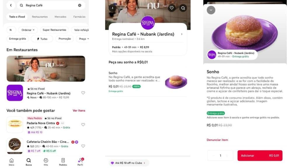 Montagem do app iFood com a loja Regina Café e promoção do sonho por R$ 0,01.