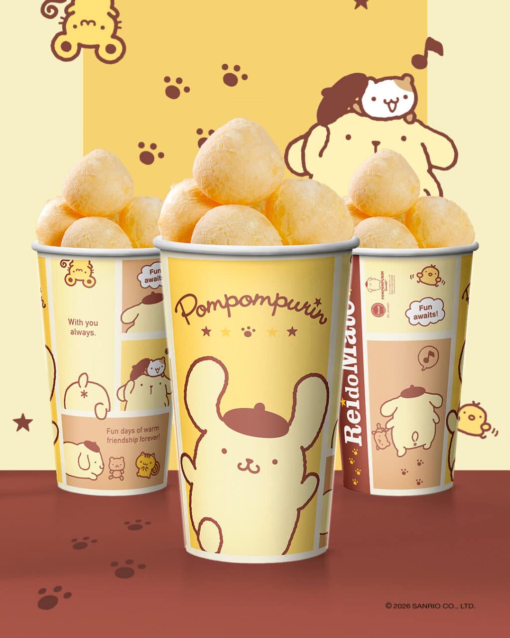 Copos do Rei do Mate com estampas de Hello Kitty and Friends, com versão “Pom Pom Purin” e salgados em gelado