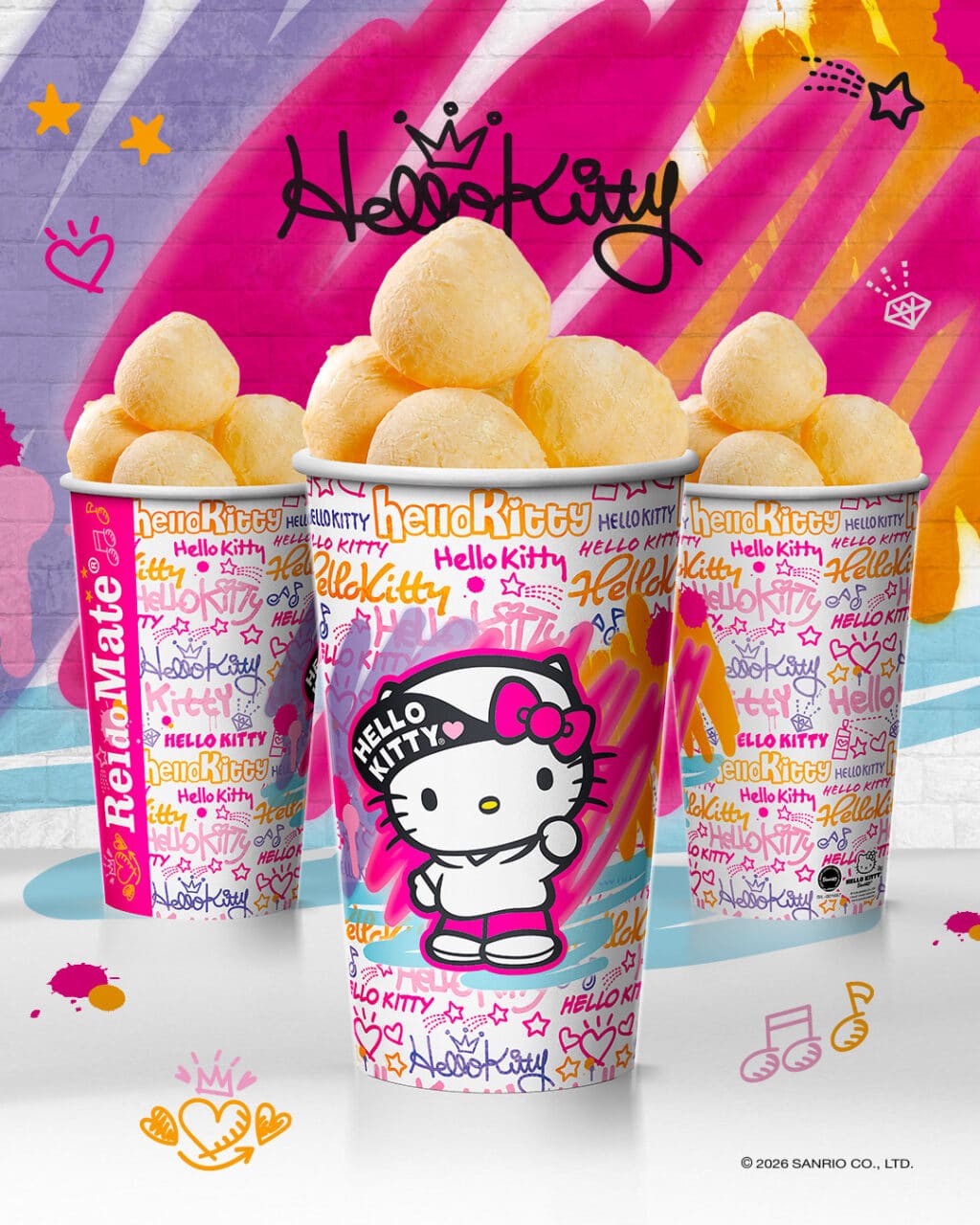 Copos do Rei do Mate com novas estampas de Hello Kitty and Friends, com Hello Kitty no centro.