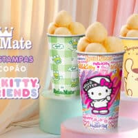 Copos SuperCopão Rei do Mate com novas estampas Hello Kitty and Friends e personagens, em fundo colorido e balões